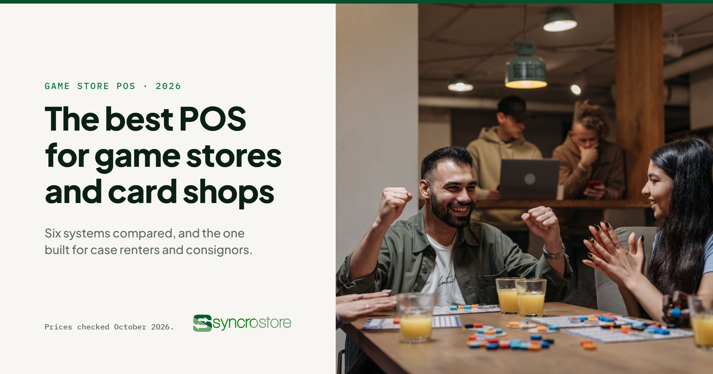 Friends playing a tabletop game in a game cafe, next to the headline: the best POS for game stores and card shops