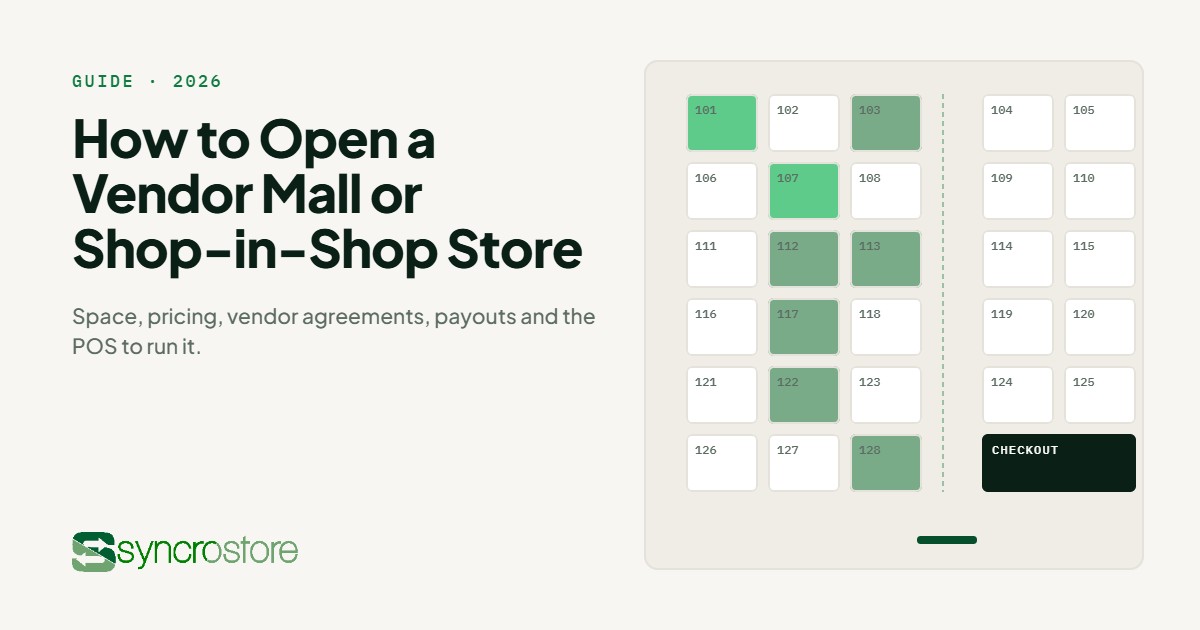 Illustrated floor plan of a vendor mall with numbered booths, a center aisle and a checkout counter
