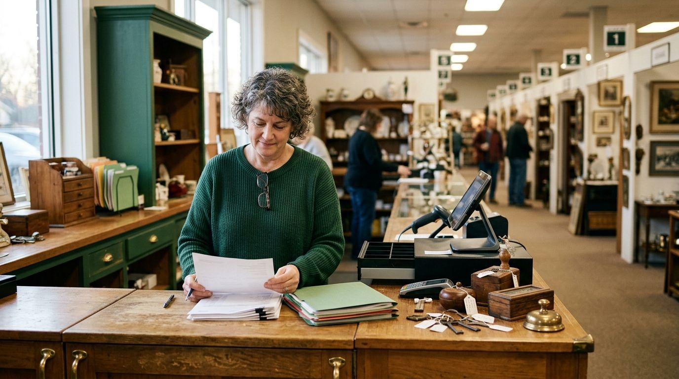 Antique mall owner reviewing vendor settlement reports at the checkout counter